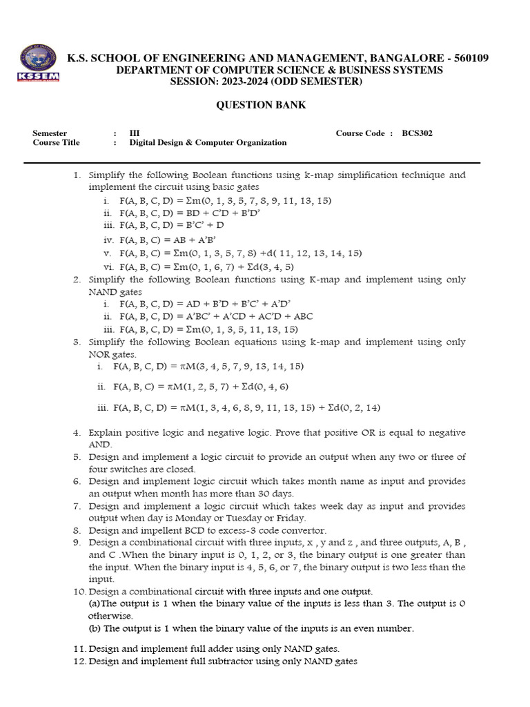 Digital Design Question Bank 2023-24 | PDF | Logic Gate | Electronic ...