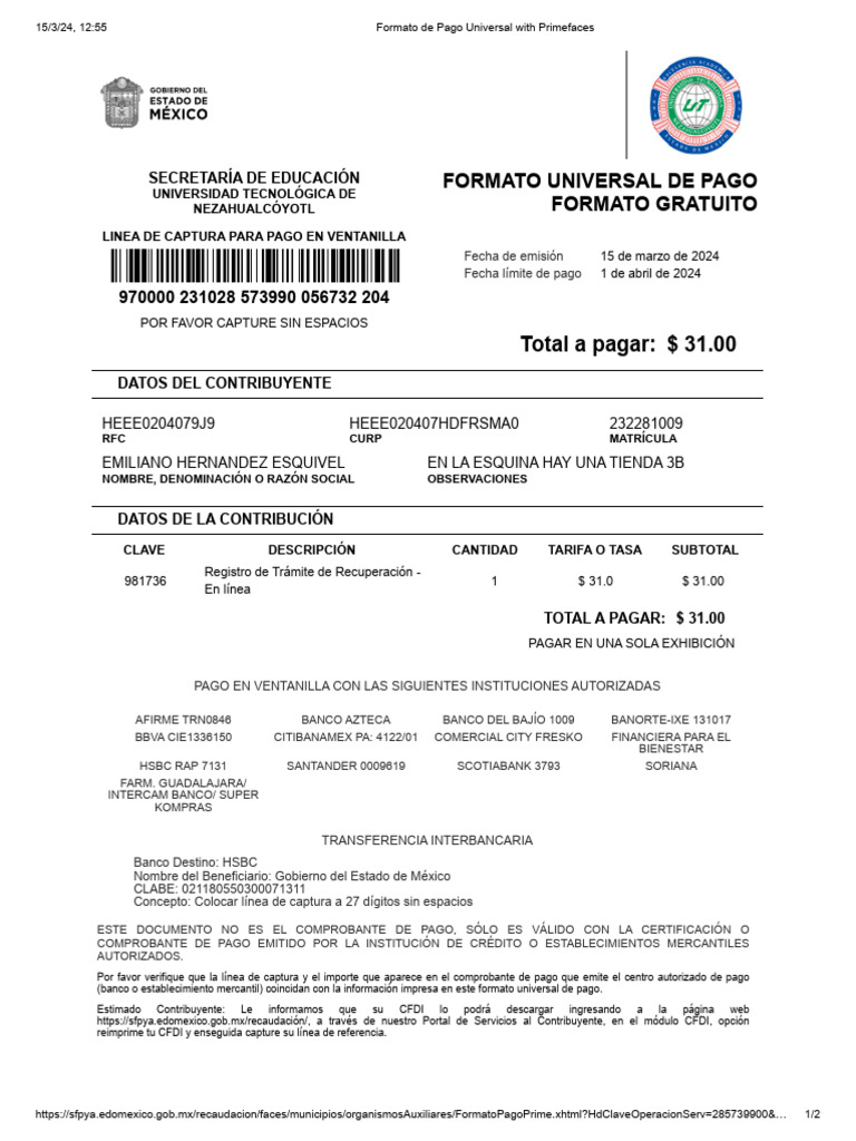 Formato de pago universal with primefaces pdf bancos bancario