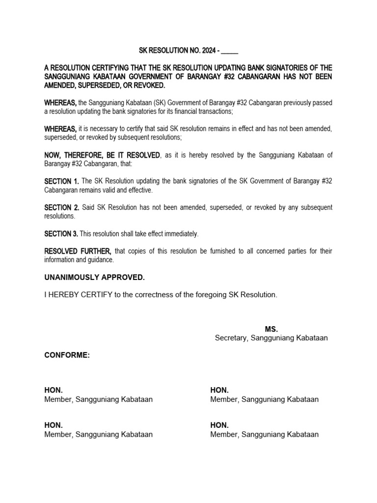 SK Resolution on Bank Signatories Update | PDF