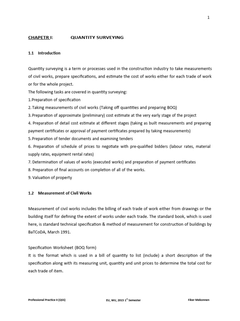 Professional Practice II Quantity Surveying Specification Handout | PDF ...