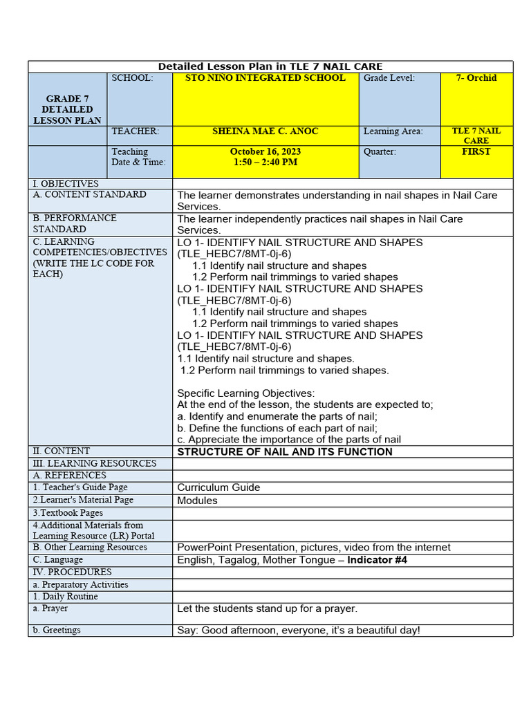Grade 7 Detailed Lesson Plan: Nail Care | PDF | Learning ...
