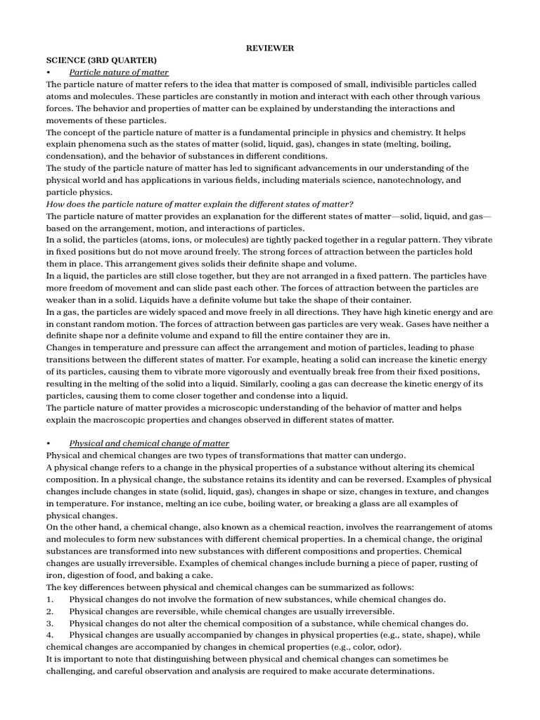 Reviwer 3RD Quarter | PDF | Gases | Atoms