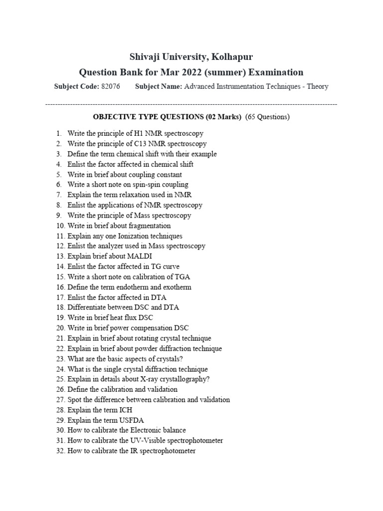 Shivaji University, Kolhapur Question Bank For Mar 2022 (Summer