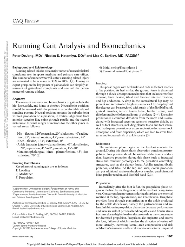 Running Gait Analysis And Biomechanics 2 Pdf Anatomical Terms Of