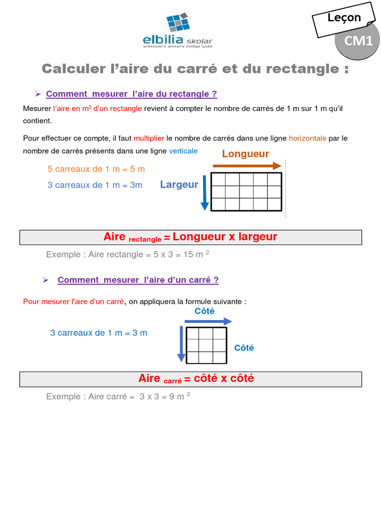 Calcul de l'aire : carré et rectangle | PDF | Méthodes et références ...