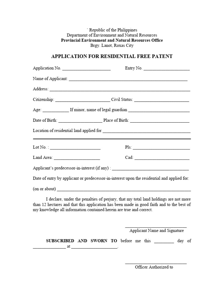 Application for Residential Free Patent PDF