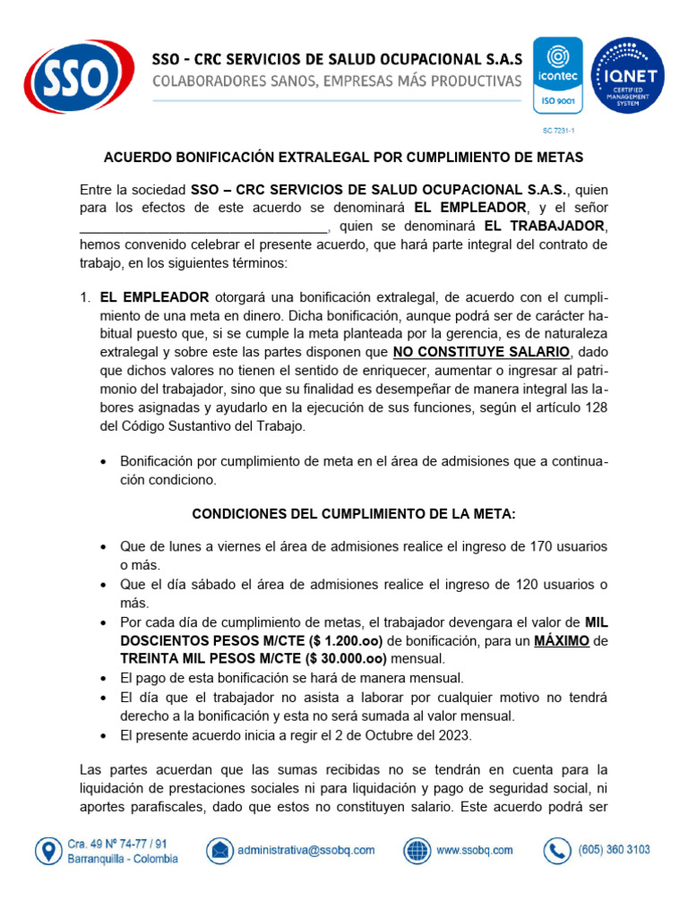Bonificación Extralegal por Metas Laborales | PDF | Salario | Economias