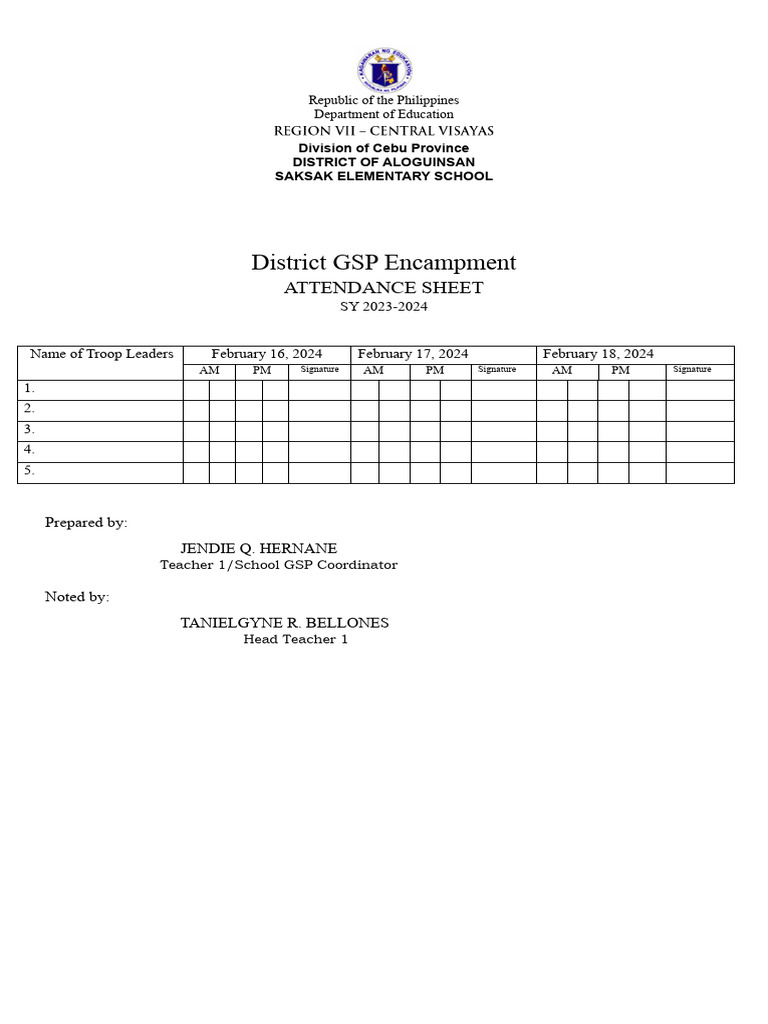 GSP Encampment Attendance Sheet 2023-2024 | PDF