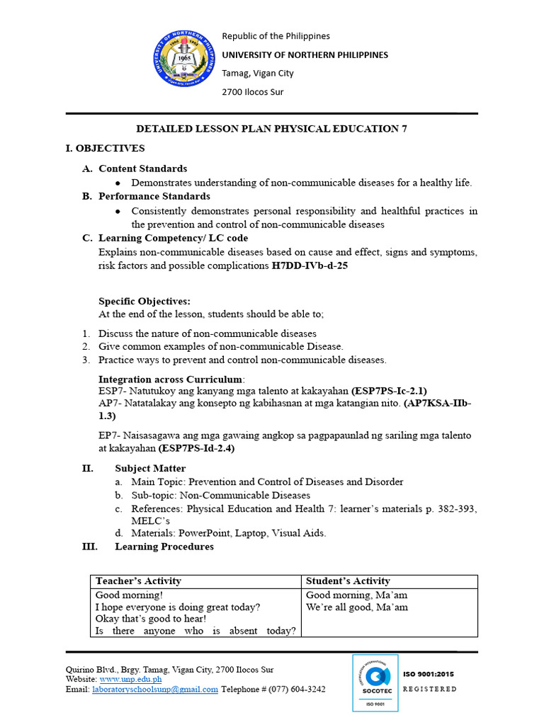 Lesson Plan on Non-Communicable Diseases | PDF | Behavior Modification ...
