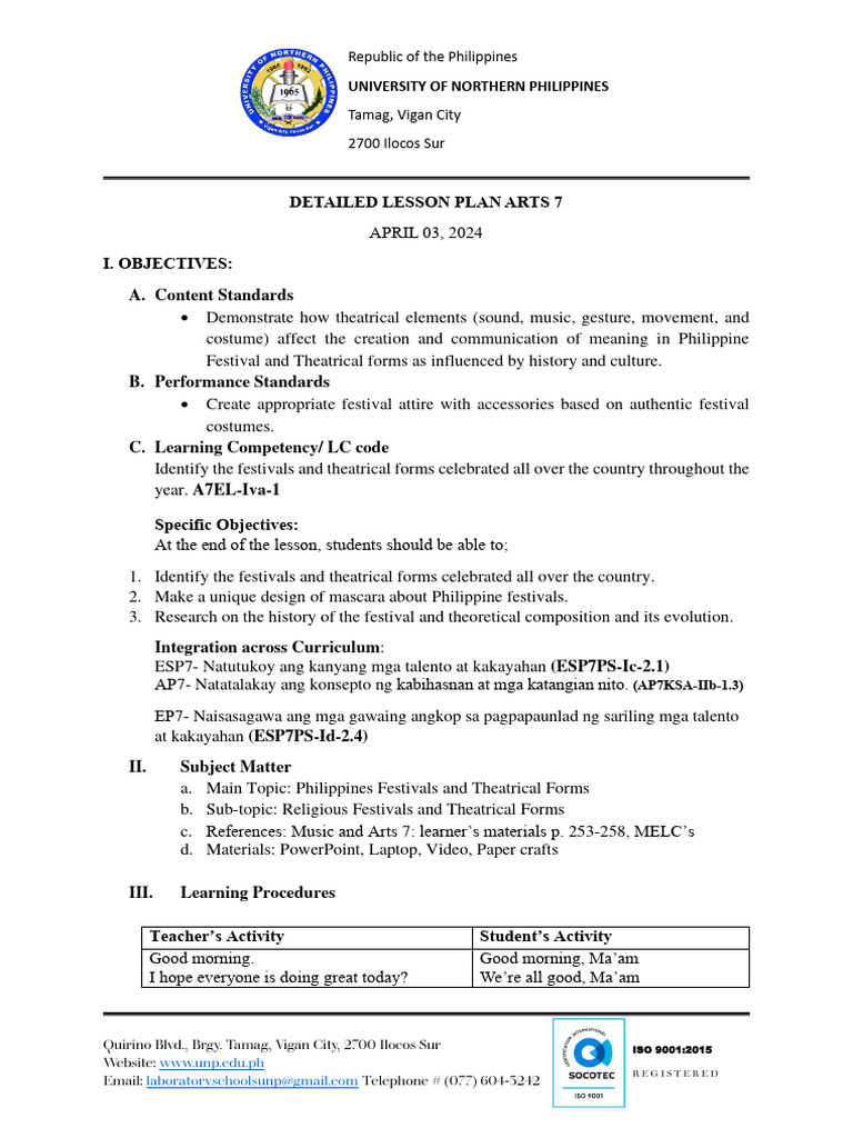 Detailed Lesson Plan Arts 7 | PDF