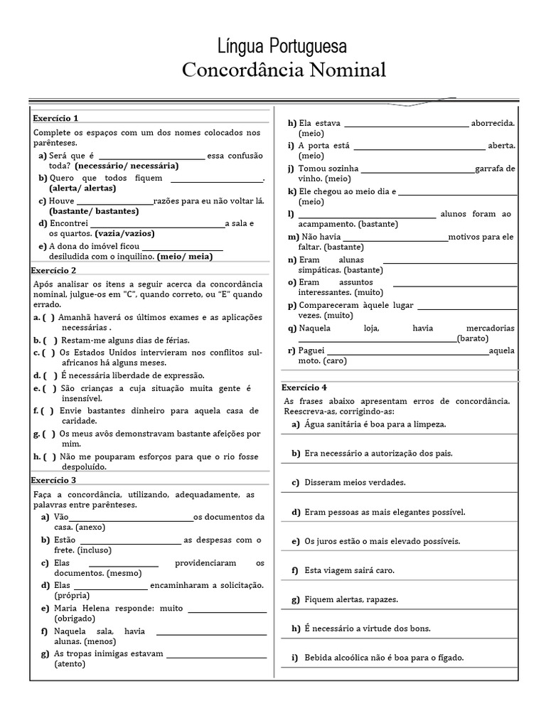 Exercícios de Concordância Nominal | PDF