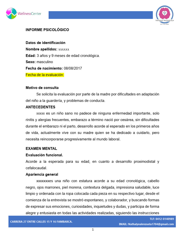 Informe psicológico de niño de 3 años | PDF | Las emociones | Ciencias ...