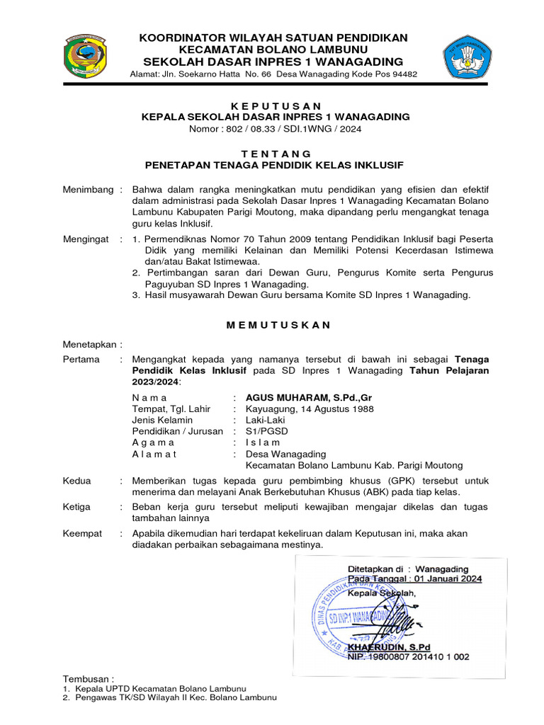 SK Penetapan Tenaga Pendidik Inklusif | PDF