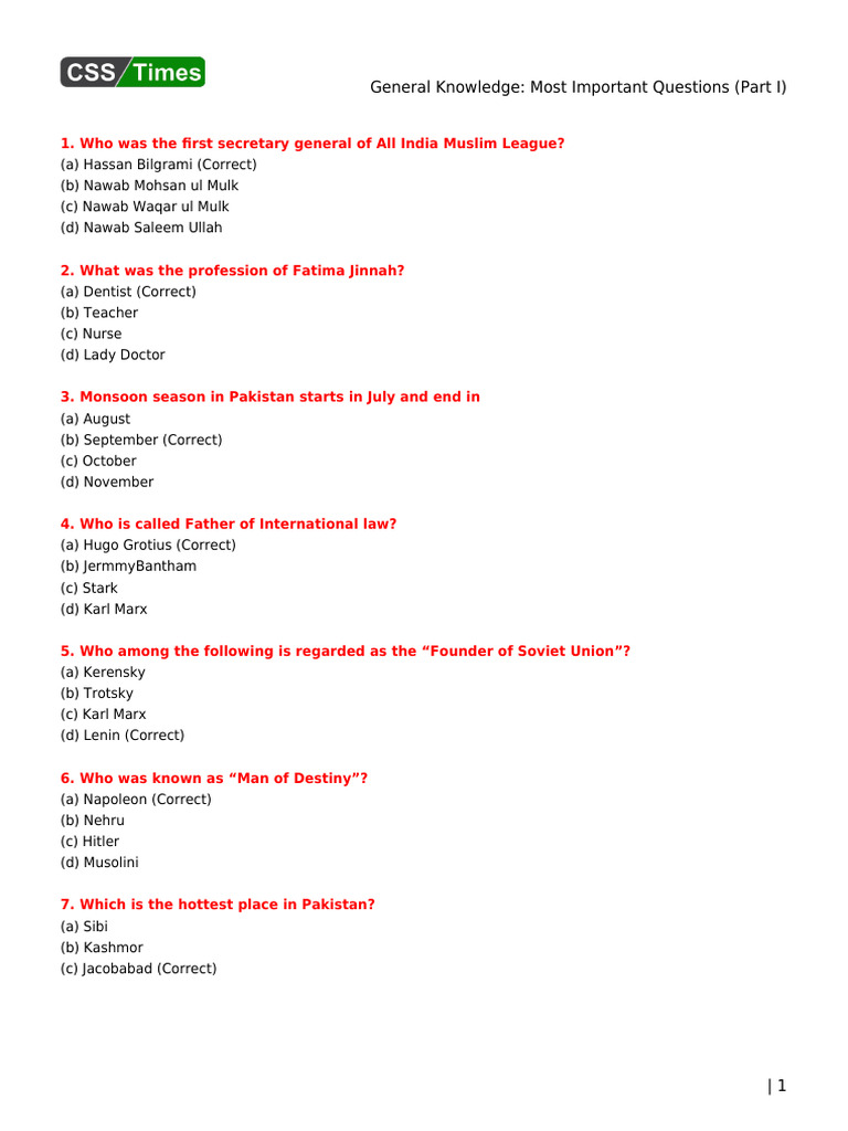 Essential General Knowledge Questions | PDF | Pakistan