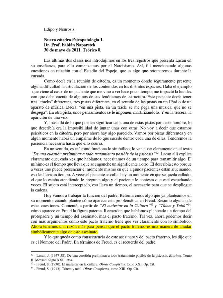 Teórico 8 - Edipo y Neurosis | PDF | Jacques Lacan | Complejo de Edipo