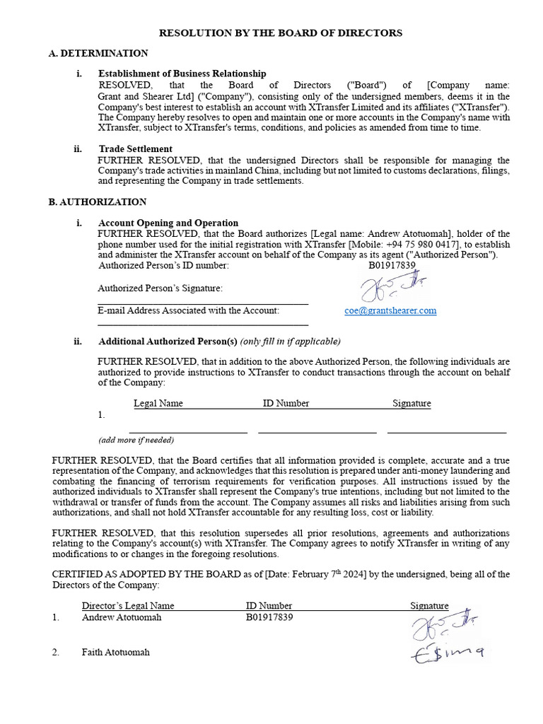 Board Resolution for XTransfer Account | PDF | Companies | Business Law