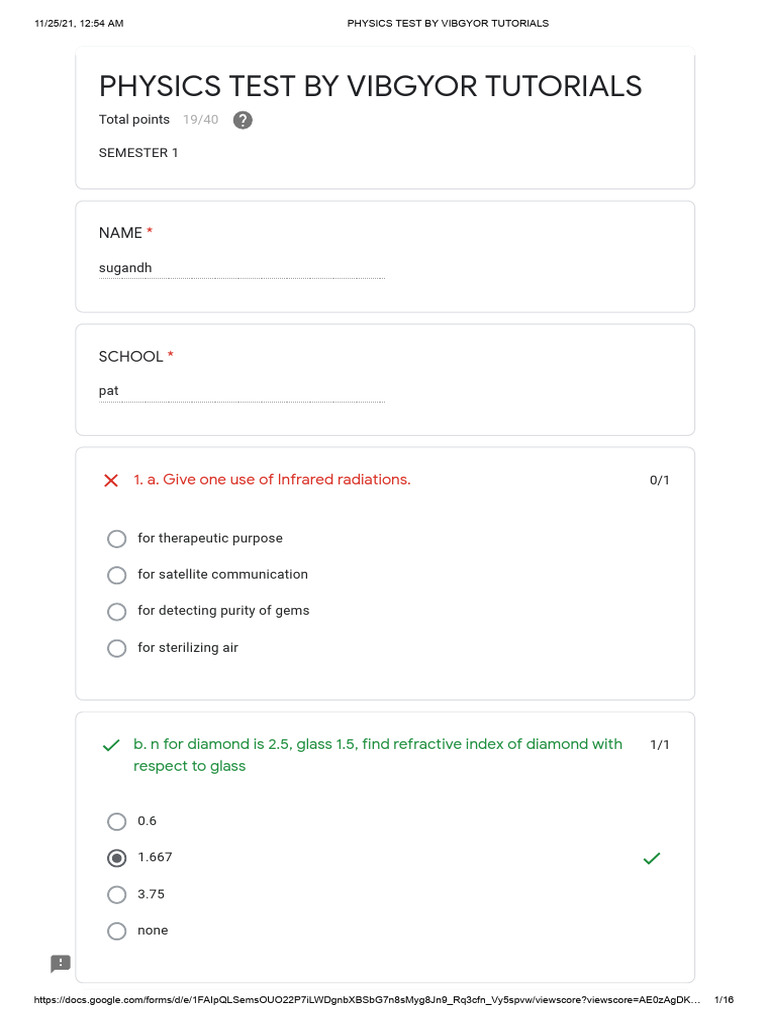 Physics Test by Vibgyor Tutorials 1 | PDF | Light | Physical Phenomena