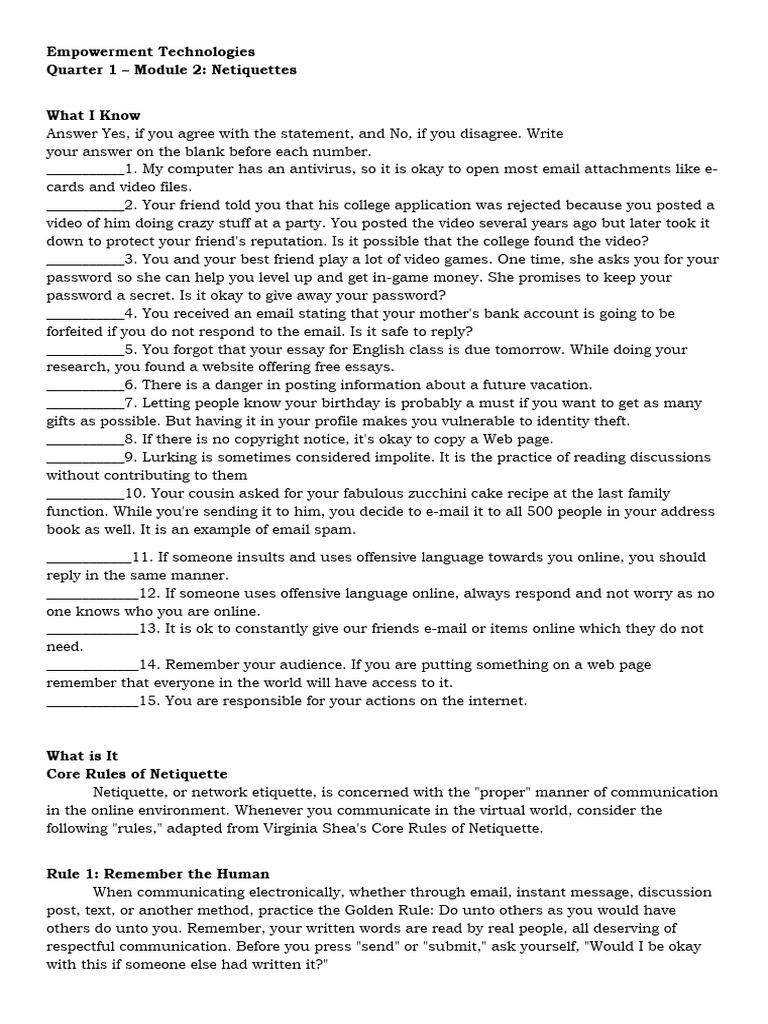 Empowerment Technologies m2 | PDF | Internet | Virtual World