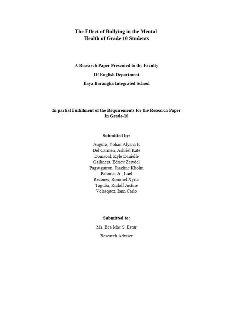 Bullying's Impact on Grade 10 Mental Health | PDF | Questionnaire ...