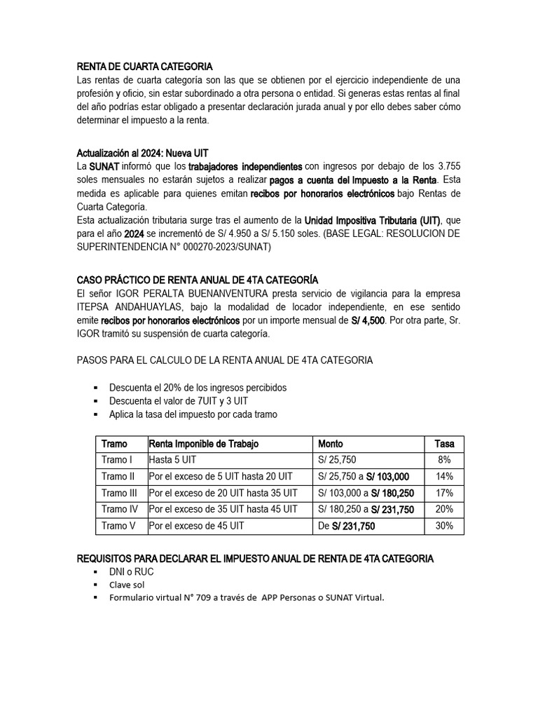 Guía sobre Renta de Cuarta Categoría 2024 | PDF | Impuestos | Impuesto ...