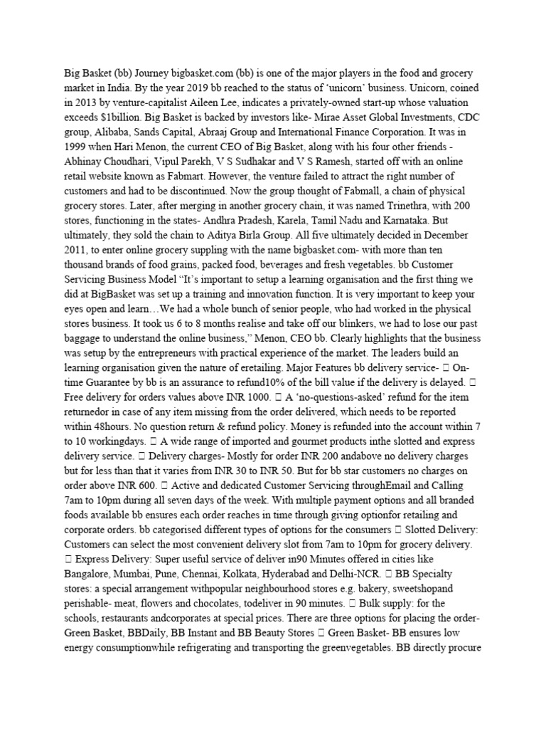 Big Basket PDF Retail Business
