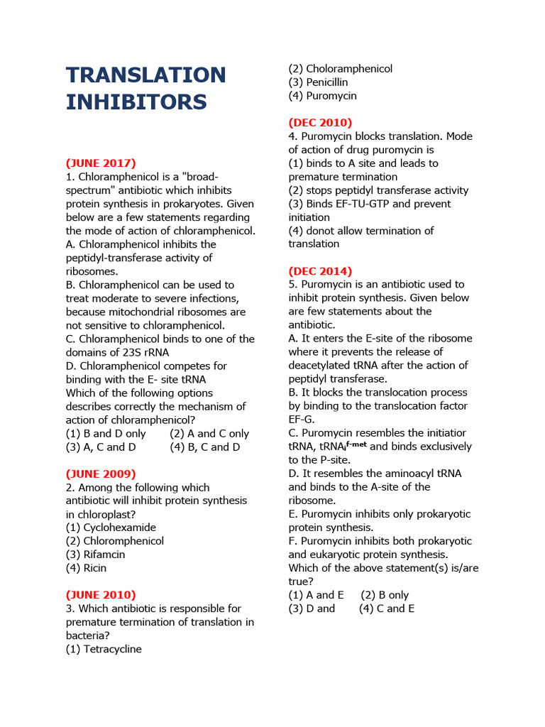 Antibiotics as Translation Inhibitors | PDF | Translation (Biology ...