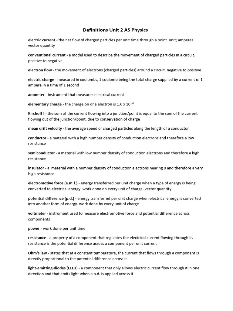 Key Definitions in AS Physics Unit 2 | PDF | Waves | Electric Current