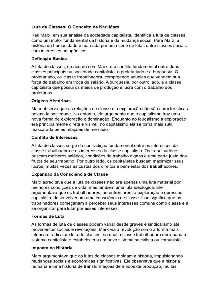 Luta De Classes O Conceito De Karl Marx Pdf Conflito De Classes