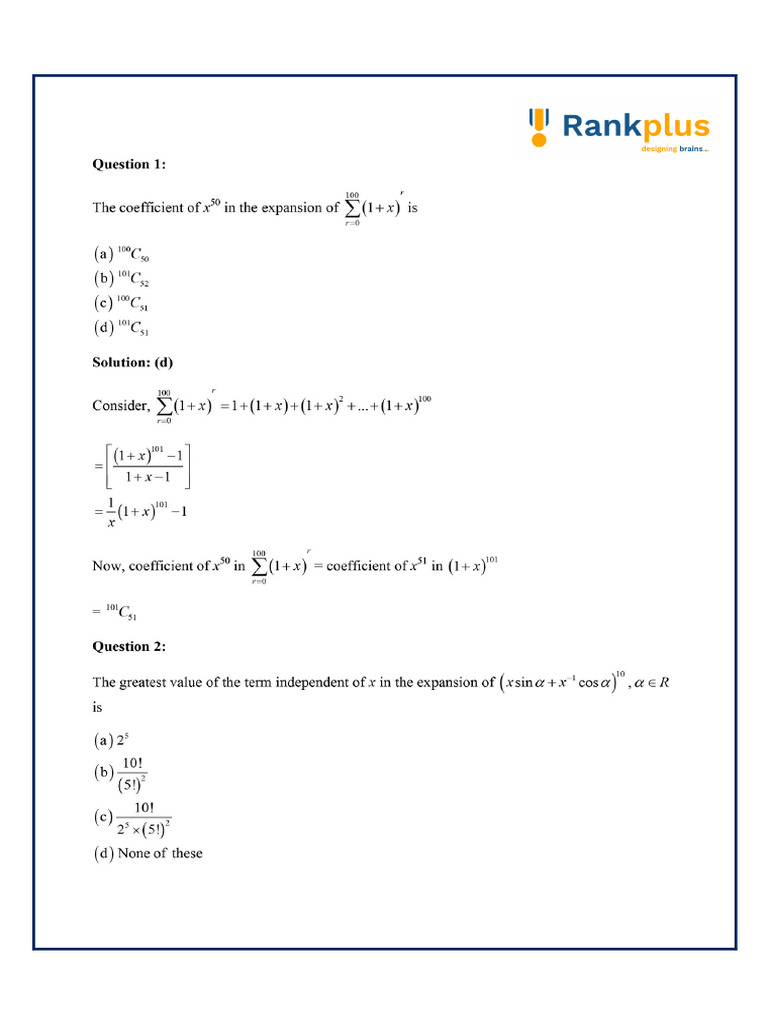 JEE Main 2024 Top 100 Math Questions | PDF