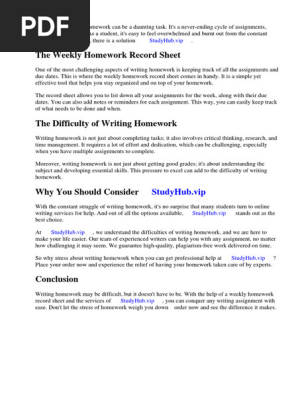 Weekly Homework Record Sheet