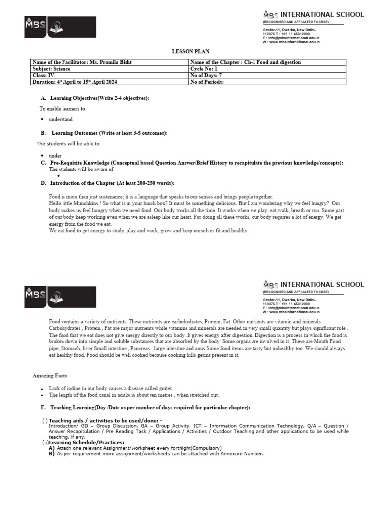 Class 4 Food and Digestion Lesson Plan | PDF | Foods | Digestion
