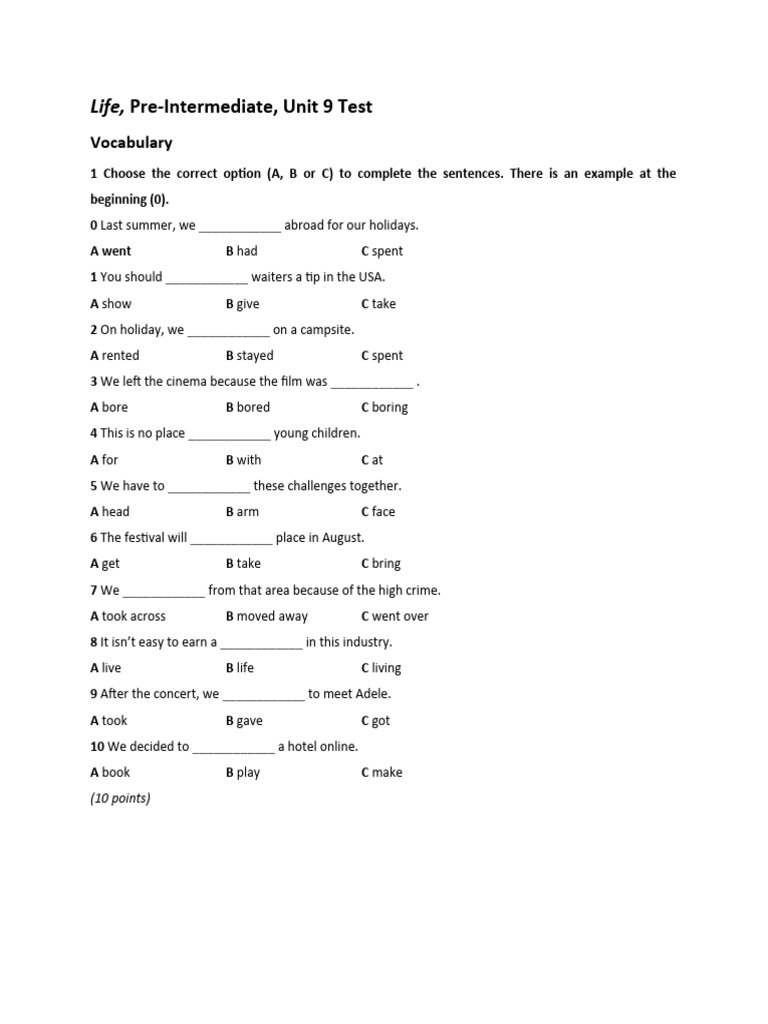 Pre-Intermediate Unit 9 Test | PDF