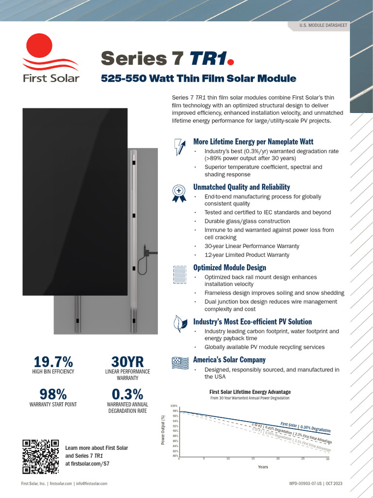 First Solar Series 7 TR1 Module Specs | PDF | Photovoltaics | Solar Panel