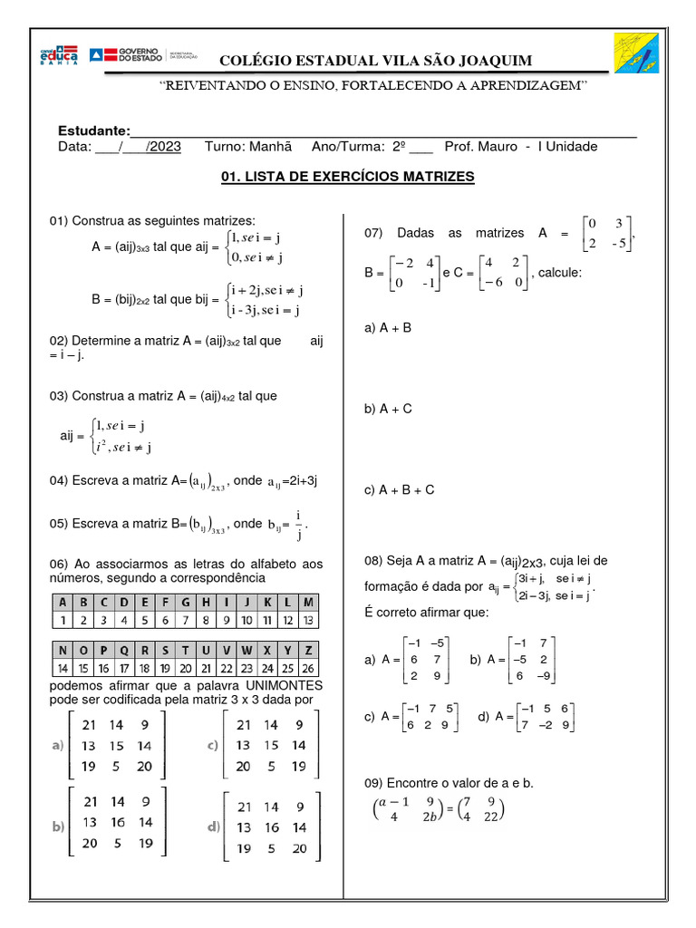 Exercícios de Matrizes para 2º Ano | PDF | Matemática | Teoria da Matrix