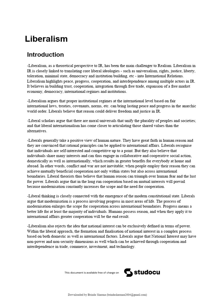 Understanding Liberalism in IR | PDF | Liberalism | International Relations