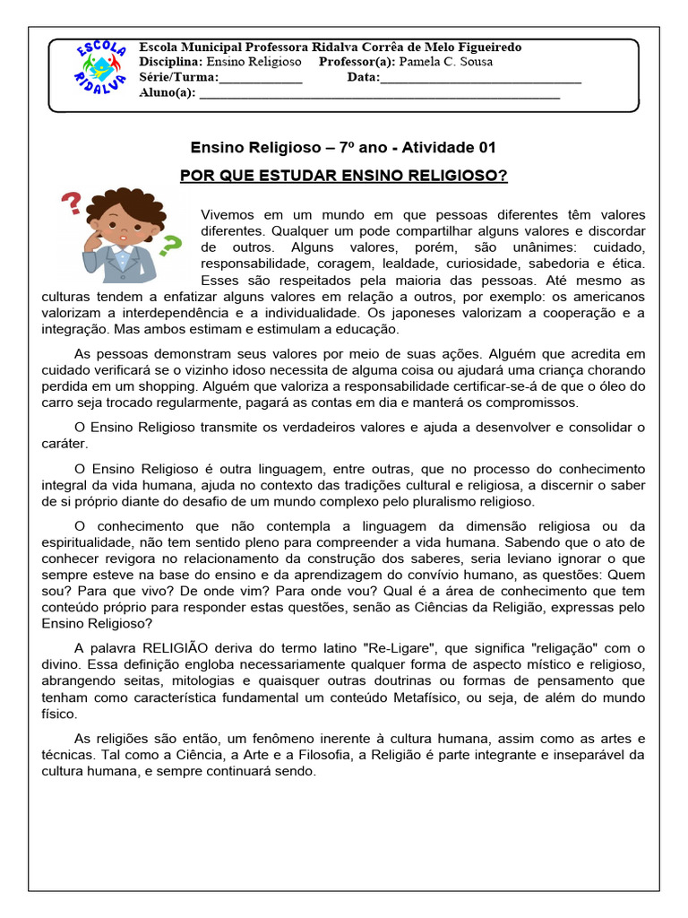Atividade de Ensino Religioso - 7º Ano | PDF | Conhecimento