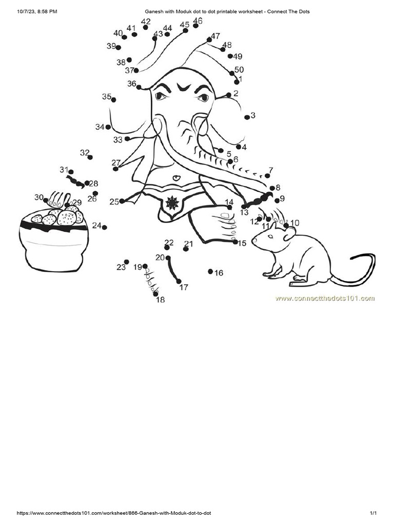 Ganesh With Moduk Dot to Dot Printable Worksheet - Connect the Dots | PDF
