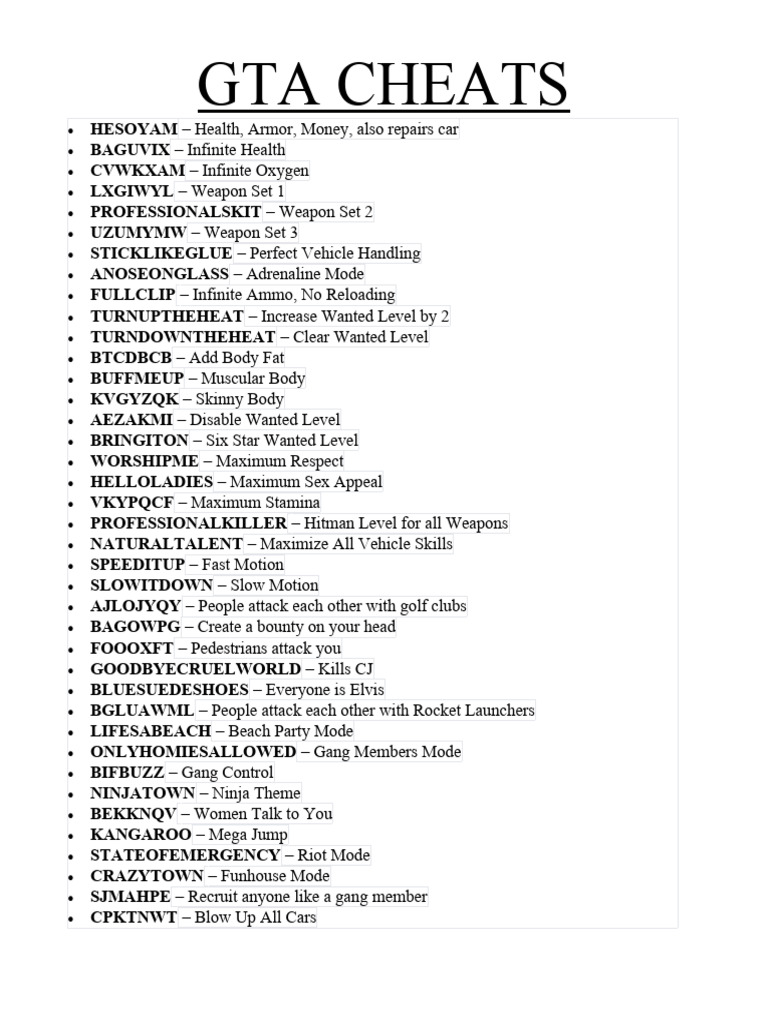 Essential GTA Cheat Codes Guide | PDF | Vehicles