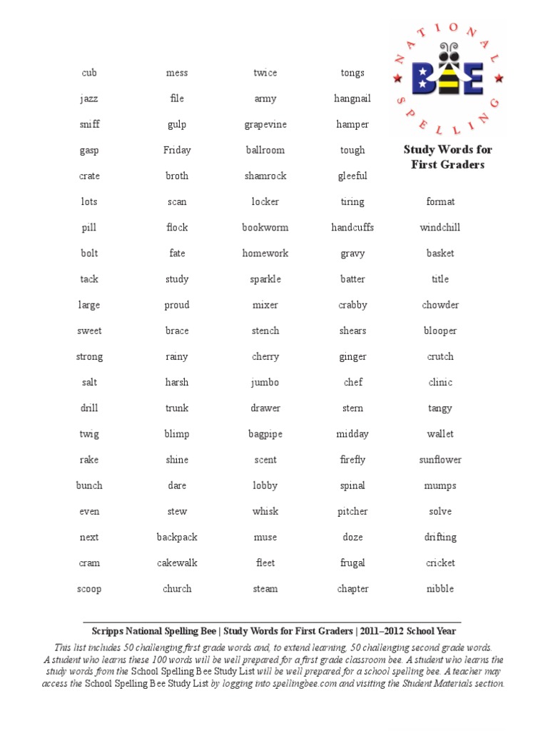 Grade 1 Spelling Bee Study Words | PDF