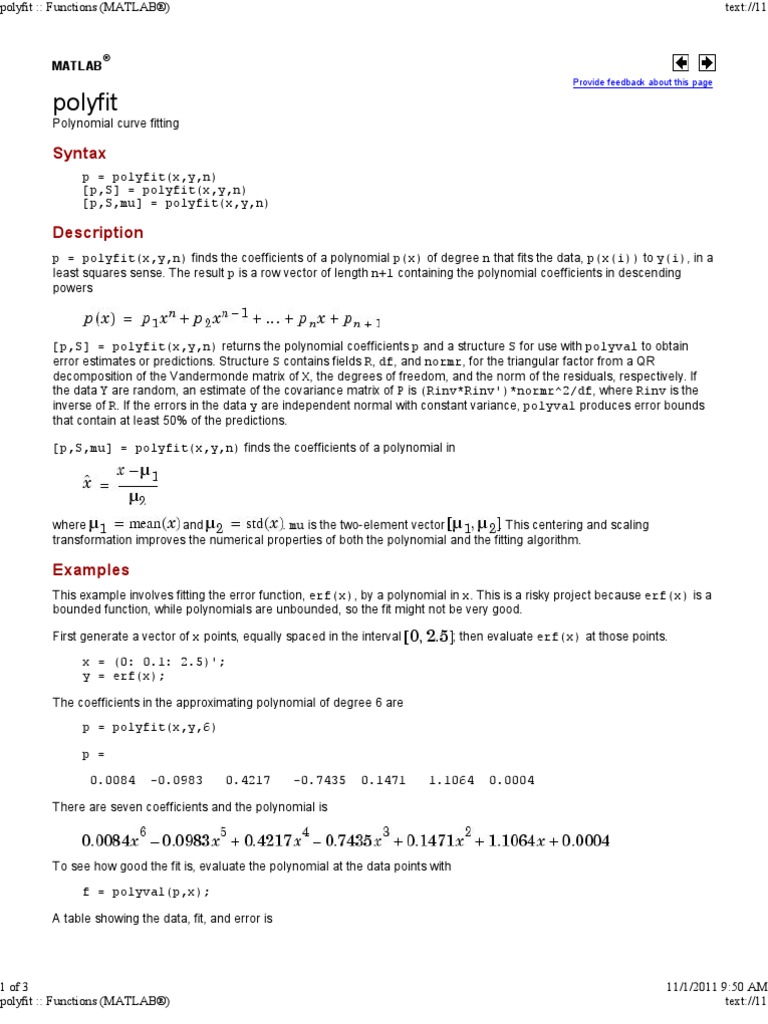 Functions polyfit (MATLAB®) Polynomial Errors And Residuals Free