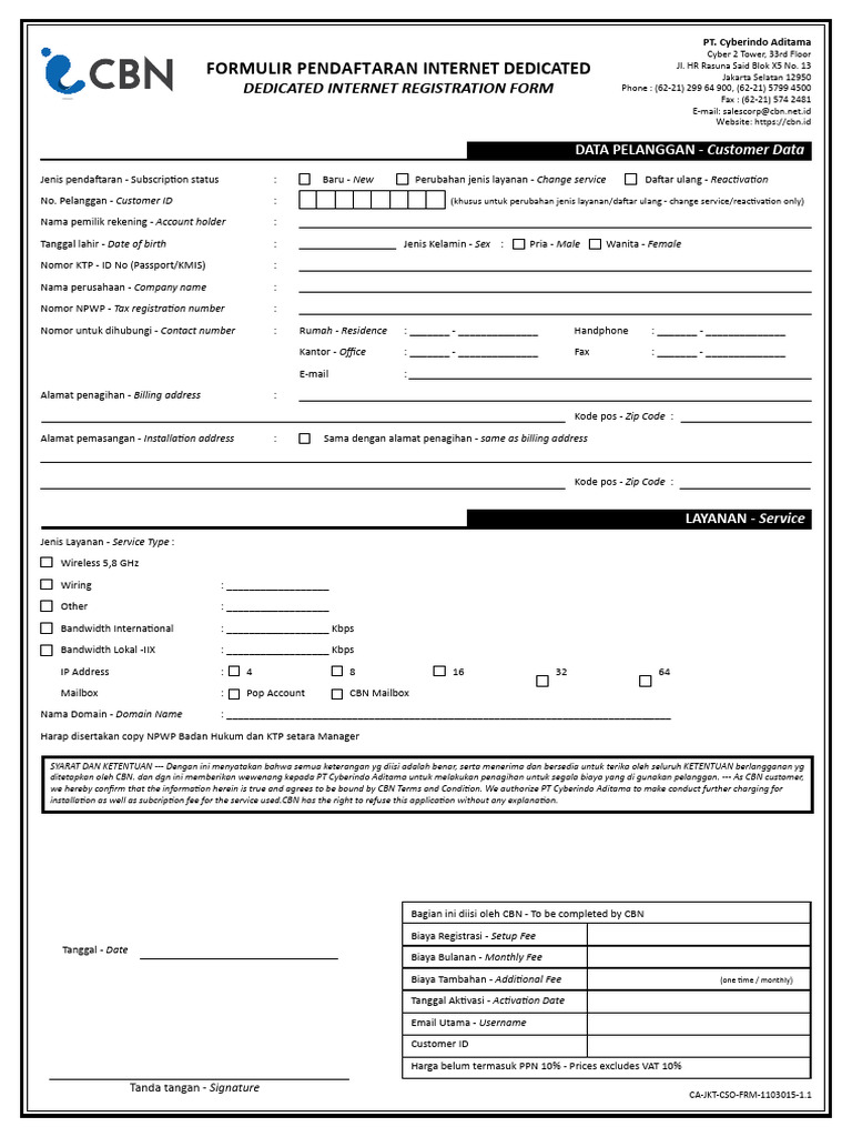 Formulir Pendaftaran Internet Dedicated | PDF
