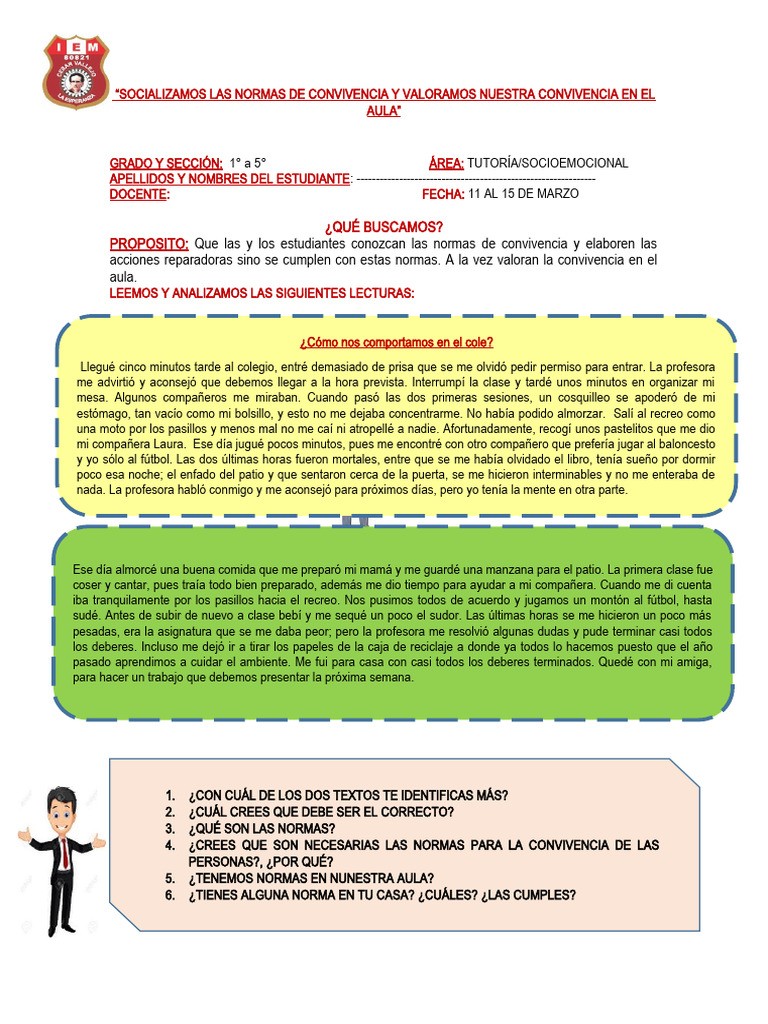 Socializamos Las Normas de Convivencia CV 2024 | PDF | Salón de clases