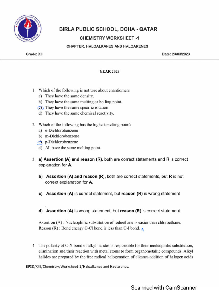 XII Haloalkanes and Haloarenes worksheet | PDF