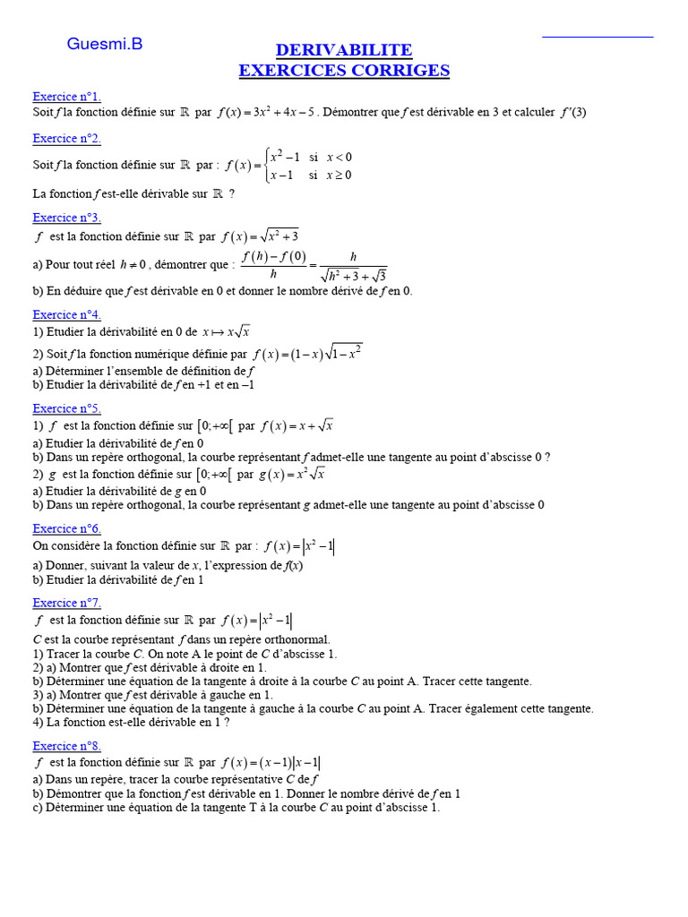 Exercices corrigés sur la dérivabilité | PDF | Géométrie analytique ...
