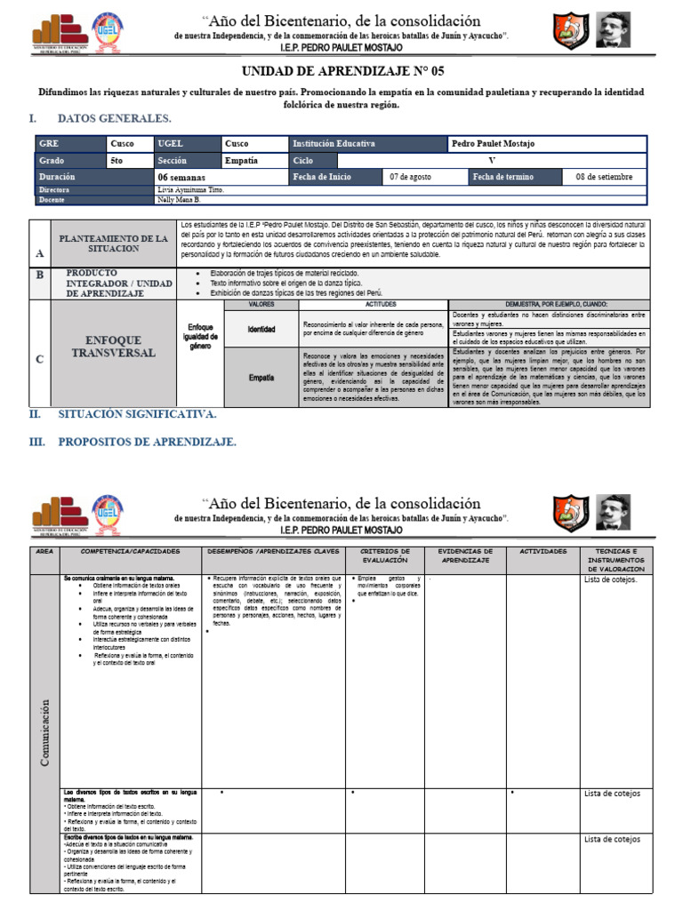 Unidad de Aprendizaje 5to Grado 2024 | PDF | Evaluación | Evidencia