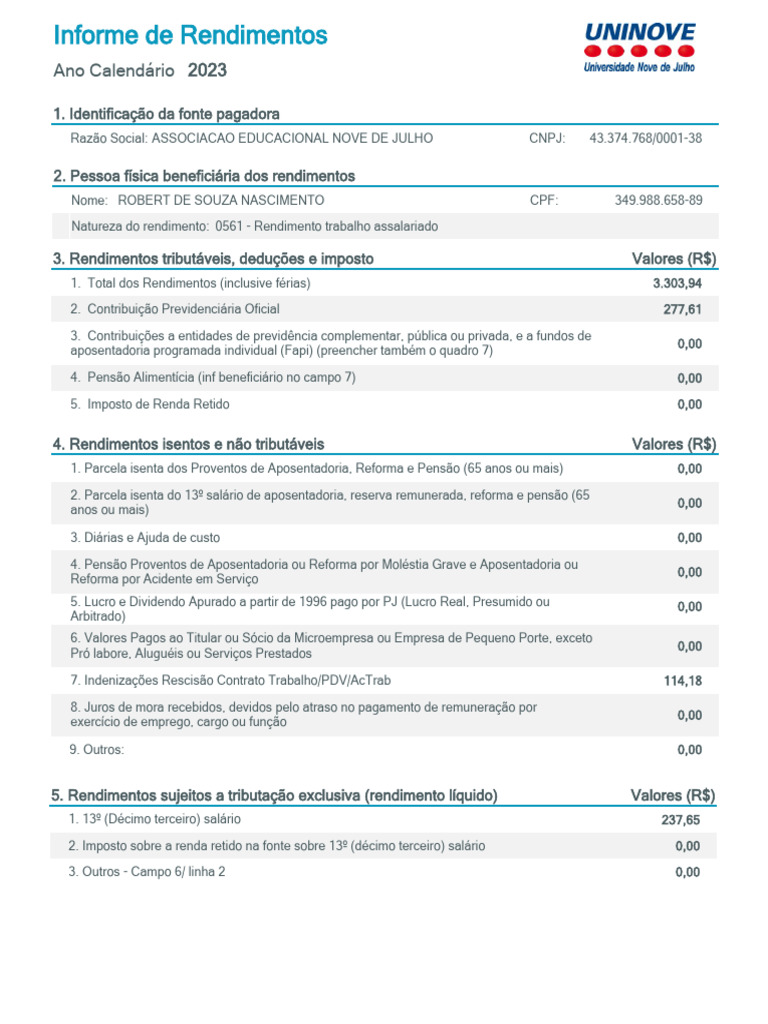 Informe de Rendimentos 2023 - Associação Nove de Julho | PDF | Imposto ...