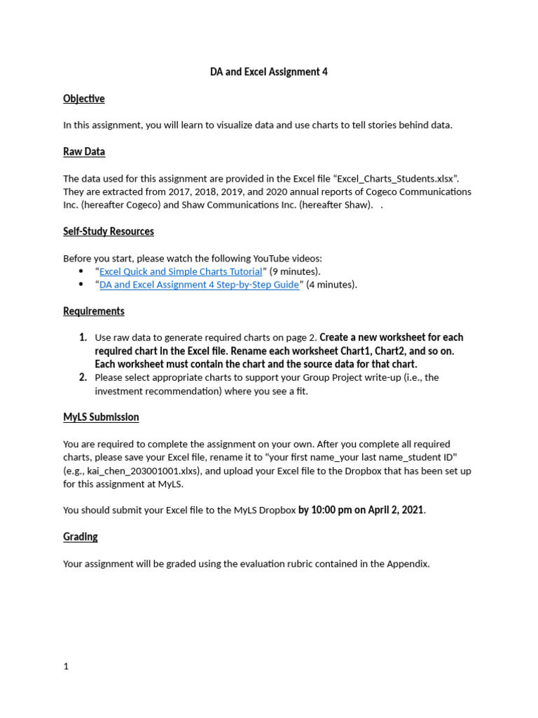 DA and Excel Assignment 4 Instructions With Rubric - W2021 | PDF | Chart
