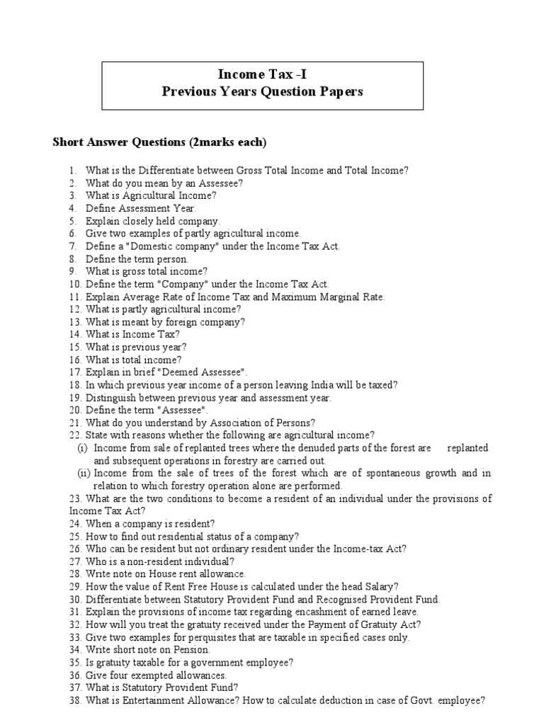 Tax I Previous Years Question Papers Short Answer Questions