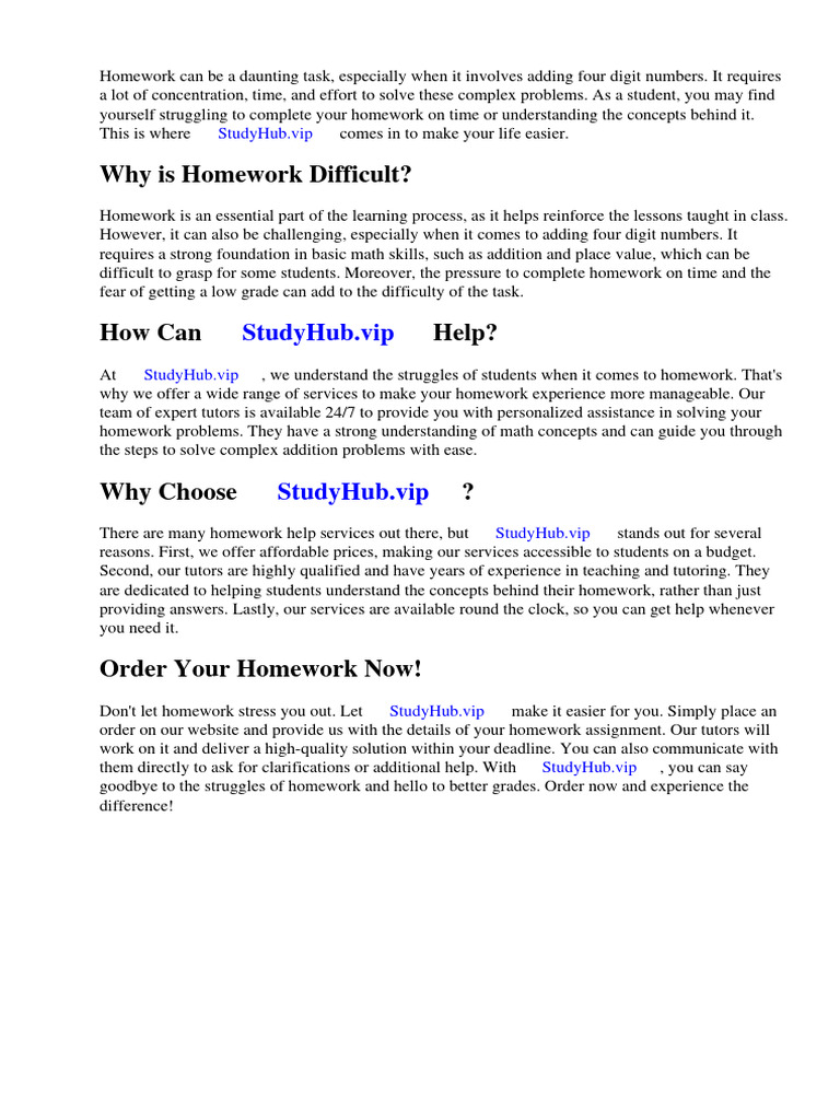 My Homework Lesson 8 Add Four Digit Numbers PDF Worksheet Homework