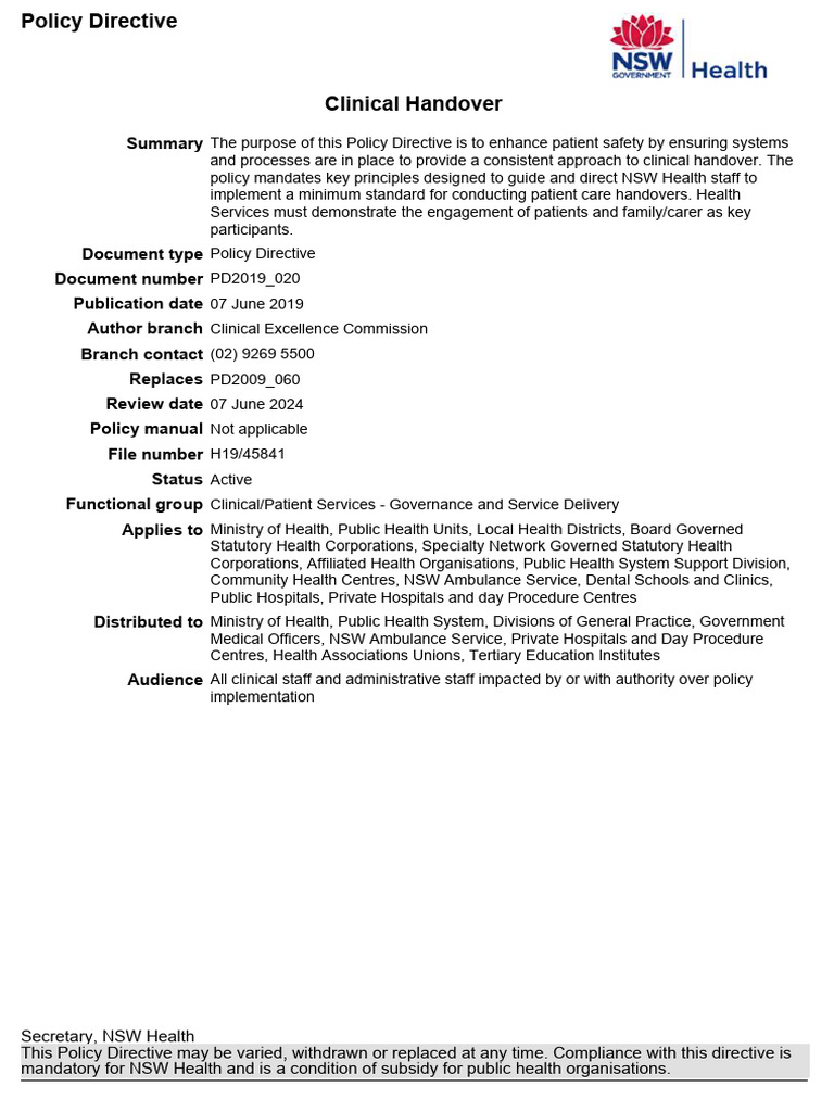 NSW Clinical Handover Policy Directive | PDF | Caregiver | Patient